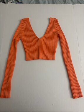 Hera Collection Orange Ribbed V-Neck Long Sleeve Crop Top